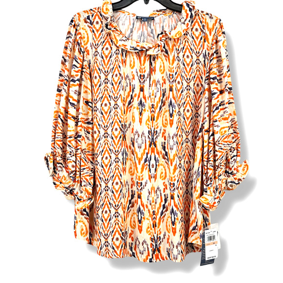 New Democracy Ikat Print Ruffle Collar 3/4 Sleeve Shirt Womens Plus Size 3X - Picture 2 of 8
